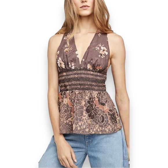 Free People Brinkley Smocked Floal Tie-Back Tank Top - Cocoa Combo - Small - Picture 4 of 8